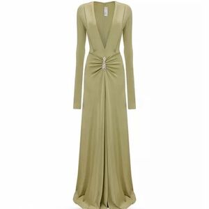 Embellished Long Sleeve Deep V-Neck Gown In Pistachio